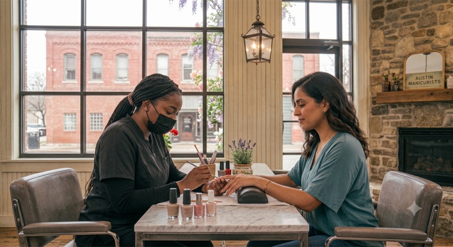 A manicurist painting a client's nails at a sunlit studio table