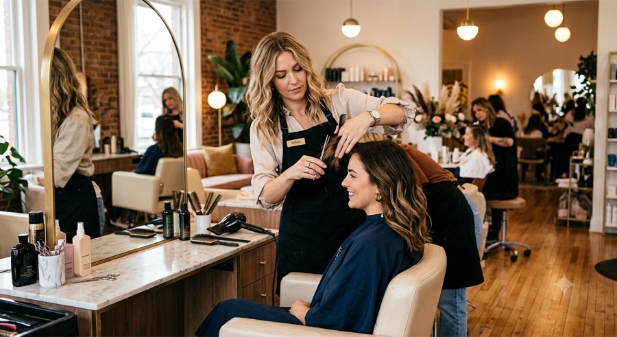 A colorist styling a client's hair at a warmly lit salon station