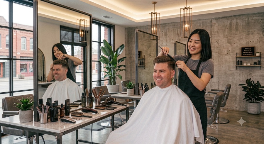 A stylist cutting a client's hair in a modern studio